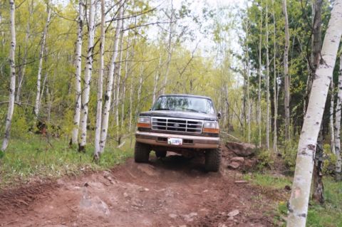 1996 Ford Bronco - A Ford Bronco navigates a wooded trail with a clear view of its front grille and license plate.