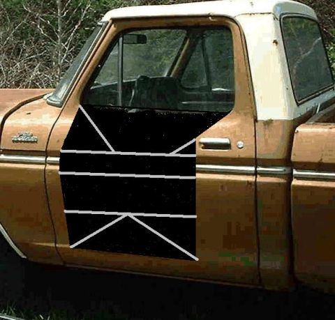 1976 Ford F-150 - A side view of a brown pickup truck, showing its door and window area with a white roof.