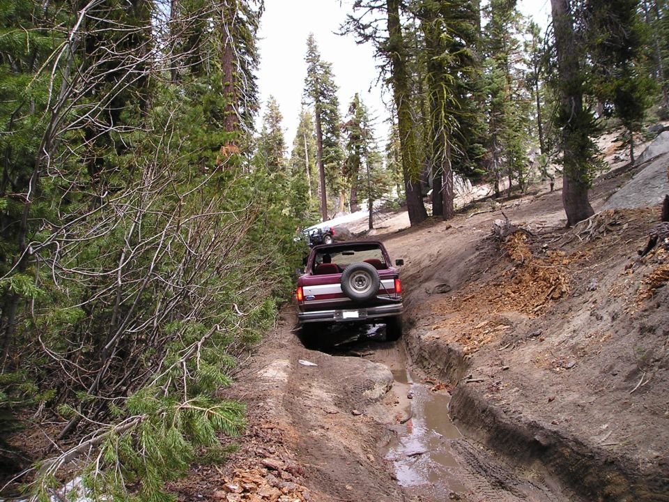 Red Ford Bronco driving through muddy rut on forest trail. Another vehicle is visible ahead