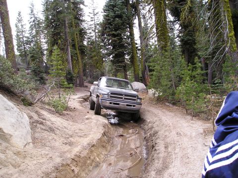 1989 Ford Bronco - A dark-colored Dodge Ram pickup truck drives through a muddy, water-filled rut on a forest trail.