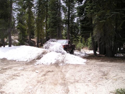 1989 Ford Bronco - A brown pickup truck navigates a snowy path in a forest, sending snow flying.