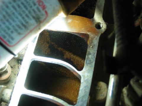 1995 Ford Bronco - The intake manifold ports are visible, with significant carbon deposits inside.