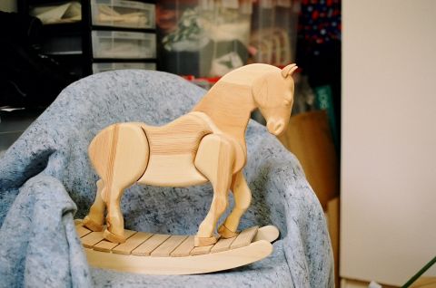 1979 Ford Bronco - A wooden rocking horse sits on a blue blanket, with storage bins visible in the background.