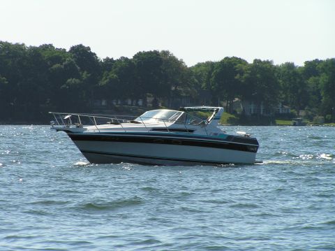 1997 Crownline 266 CCR - A white and blue boat cruises on the water, with a tree-lined shore and houses visible in the distance.