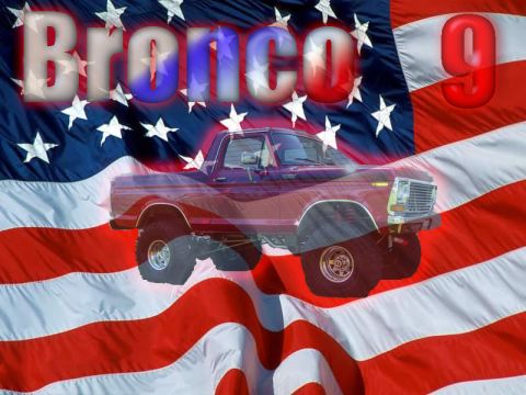 1986 Ford Bronco - This image shows a purple Ford Bronco with a lifted suspension, overlaid on an American flag graphic.