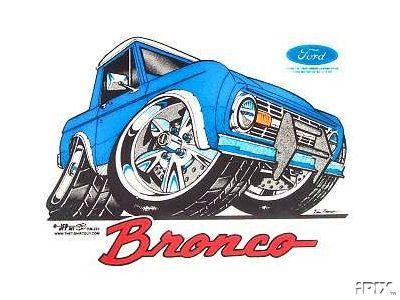 1986 Ford Bronco - This is a cartoon drawing of a blue Ford Bronco with exaggerated features and text.