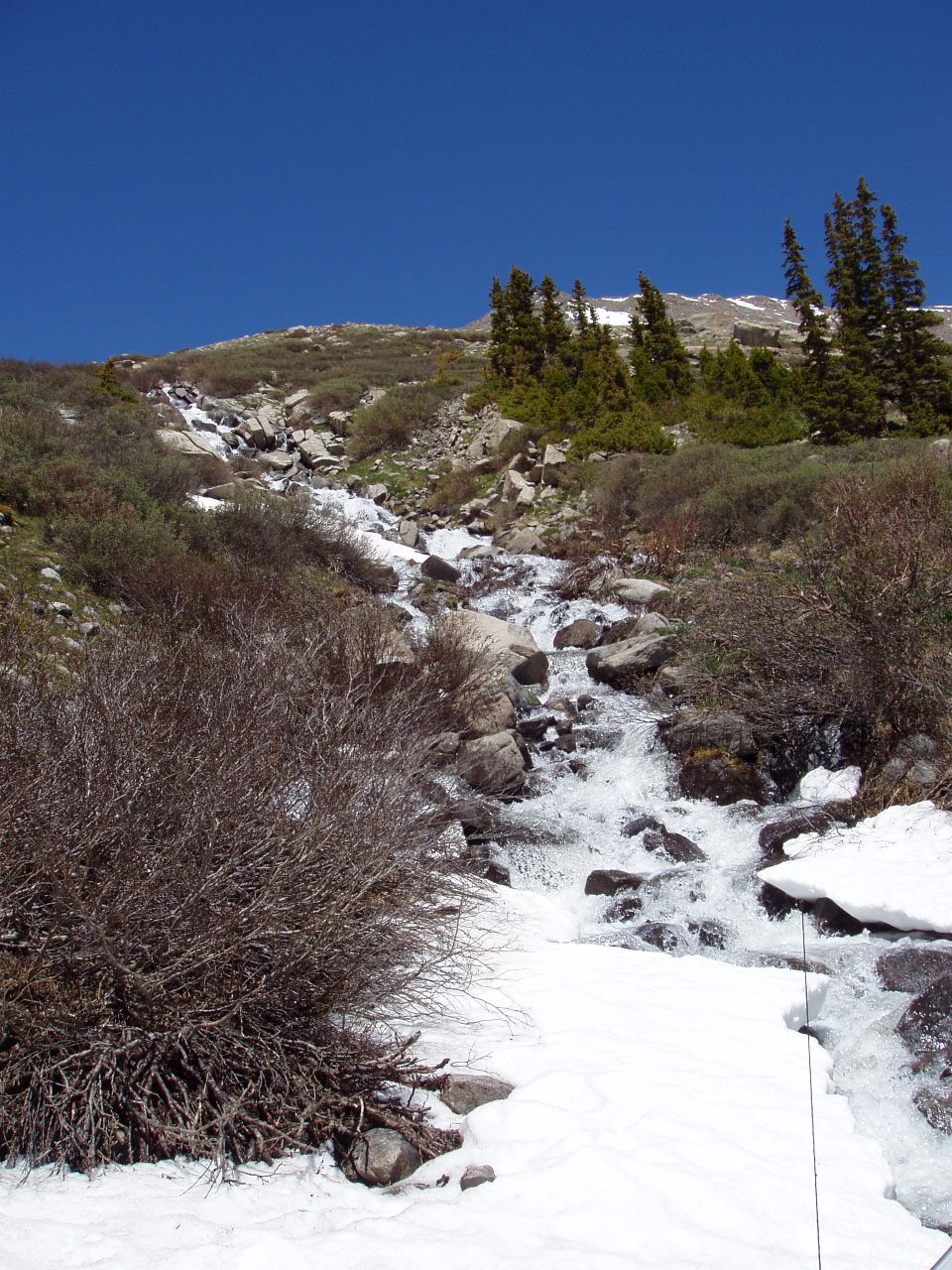 Mountain stream flowing over rocks with snow patches under a clear blue sky