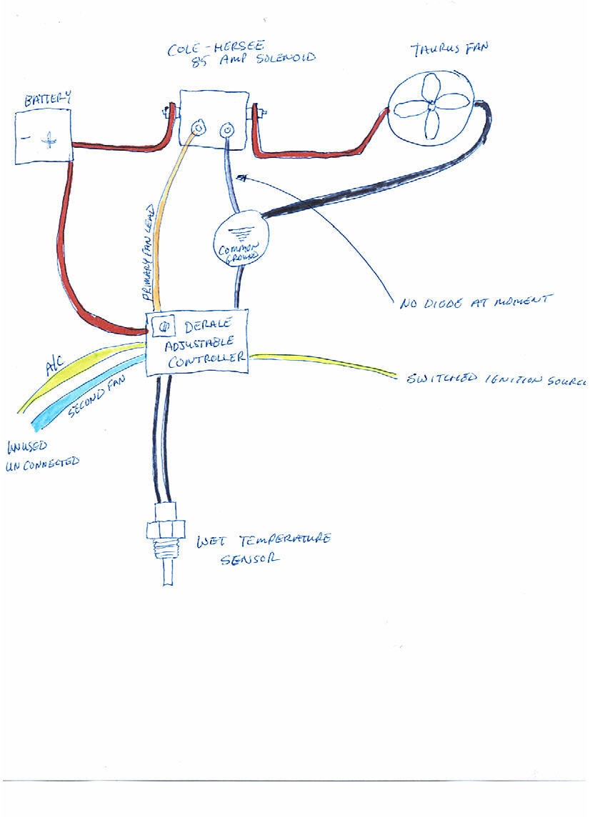Hand-drawn wiring diagram for Taurus fan, solenoid, battery and Derale controller