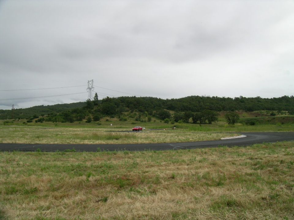 Red car on a grassy field with a paved track, overcast sky, power lines in background