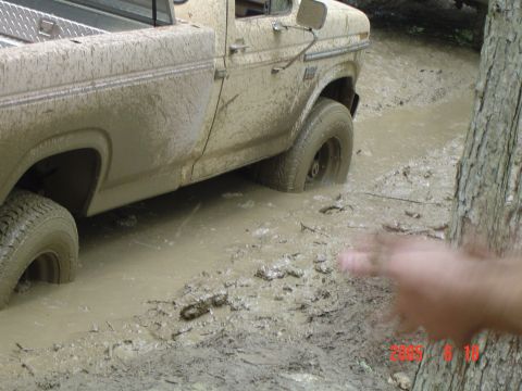 1986 Ford F-250 - A mud-covered pickup truck is stuck in a muddy path, with one wheel submerged in the mire.