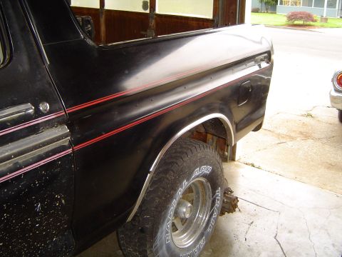 1979 Ford Bronco - Passenger-side rear quarter of a black full-size Ford truck body with red and white pinstripe tape, chrome wheel-arch trim and a chrome fue…