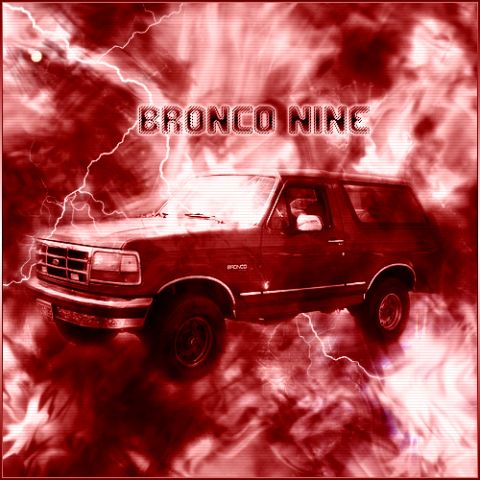 1995 Ford Bronco - Digitally edited graphic of a full-size Ford Bronco in three-quarter front view, cut out and composited over a red smoke-and-lightning back…