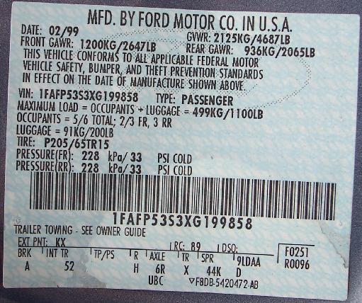 02/99 Ford certification label with GVWR 2125KG/4687LB, VIN 1FAFP53S3XG199858 and P205/65TR15 tires