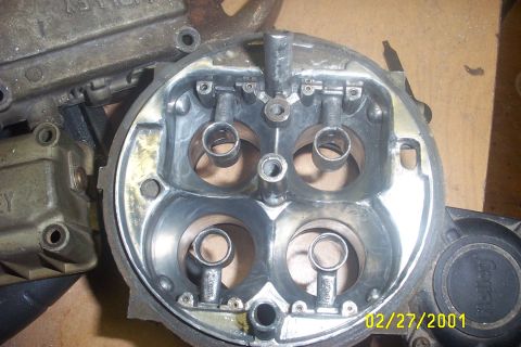 1979 Ford F-150 - Close-up of a Holley carburetor, showing the internal workings of its four barrels.