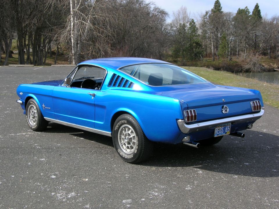 Blue 1965 Ford Mustang fastback coupe, rear 3/4 view. License plate reads REDS 65