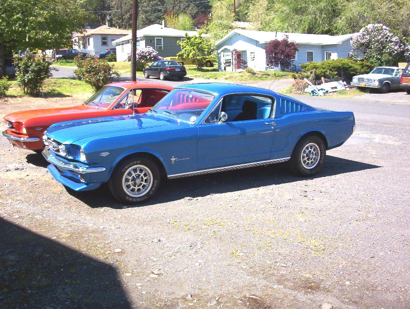 Blue Mustang fastback with mag wheels on gravel drive, red Mustang convertible beside it