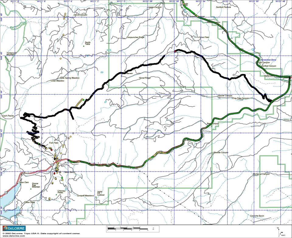 DeLorme topo map showing a long looping black and green trail route