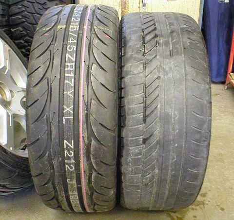 2004 Ford Focus - Comparison of a new Hankook R-S2 tire with a significantly worn tire, showing tread differences.