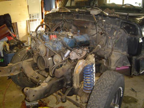1979 Ford Bronco - A blue Ford V8 sits in a stripped 4x4 chassis with the front fenders, grille and radiator support removed, exposing the engine, accessory b…