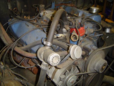 1979 Ford Bronco - Top-down view into a dirty engine bay showing a Ford V8 with blue valve covers, its distributor cap removed to expose the rotor, plus the a…