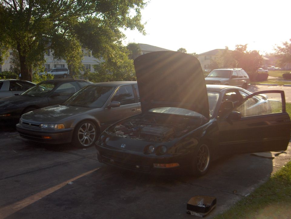 Dark Acura Integra coupe with hood up and door open, gray Accord beside it, backlit by sun.