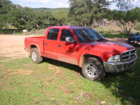 2002 Dodge Dakota - A red Dodge Dakota pickup truck is parked outdoors on a sunny day with trees and a building in the background.