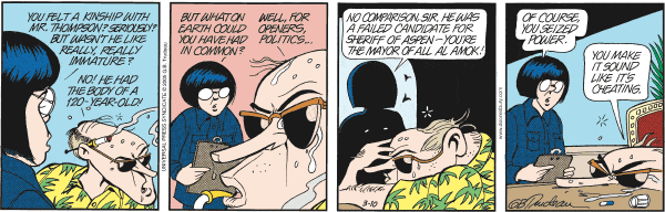 Comic strip with four panels showing characters talking about politics and power