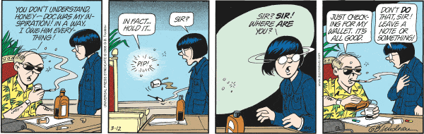 Comic strip with two characters talking and one smoking
