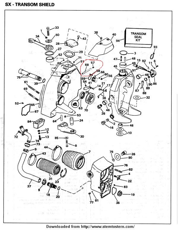 Exploded view of SX transom shield with numbered components and transom seal kit