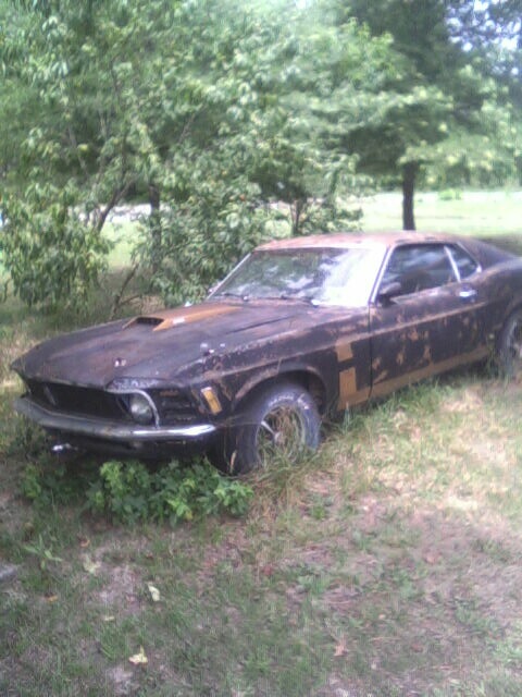 2001 Ford Taurus - A weathered 1969 Ford Mustang Mach 1 sits abandoned outdoors, showing signs of significant rust and decay.