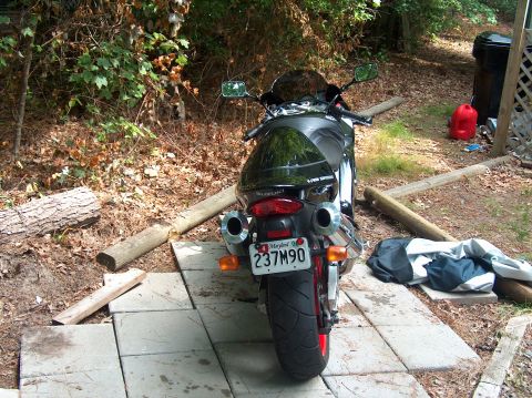 2002 Suzuki TL1000R - Rear view of a 2002 Suzuki TL1000R motorcycle parked outdoors.