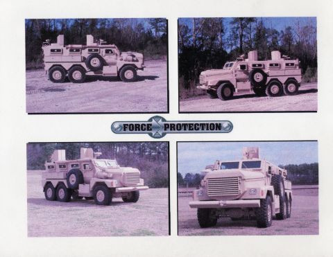 1979 Ford Bronco - This image displays a military armored vehicle from multiple angles, with the 'FORCE PROTECTION' logo visible.