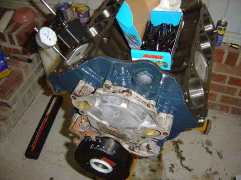 1986 Ford Bronco - Engine block assembly with precision measuring tools and engine components.