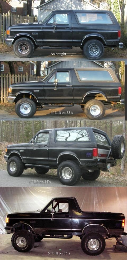 1988 Ford Bronco - A four-panel vertical progression collage of a black full-size Ford Bronco shot from the driver's side, captioned "As bought," "4" Lift on…