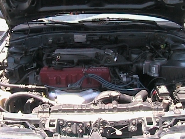 Engine bay with red valve cover, black plastic intake, and front radiator support