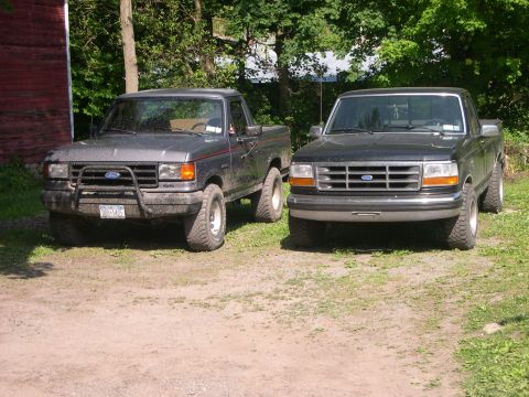1989 Ford Bronco - Two Ford F-Series trucks are parked side-by-side in a dirt lot with trees in the background.