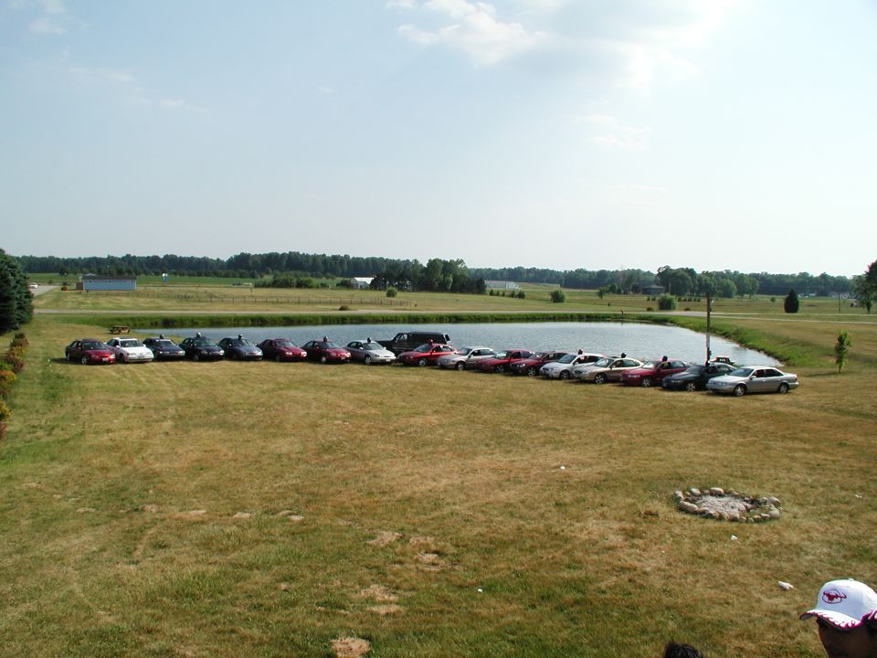 Side view of a line of cars parked on grass near a pond