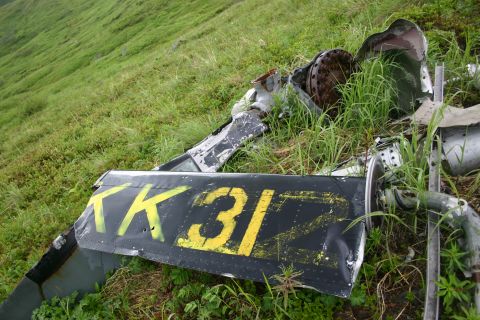 2003 Jeep TJ - Debris with yellow markings lies scattered on a grassy slope, indicating a crash site.