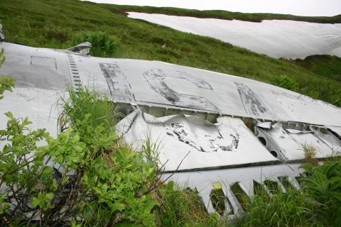 2003 Jeep TJ - Debris from an aircraft rests on a remote, vegetated slope with patches of snow.