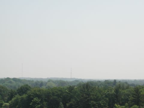 1992 Ford Taurus - A wide view shows radio towers in the distance, silhouetted against a pale sky above a vast expanse of green trees.