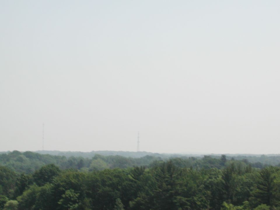 Distant radio towers rise above a dense forest canopy under a hazy sky