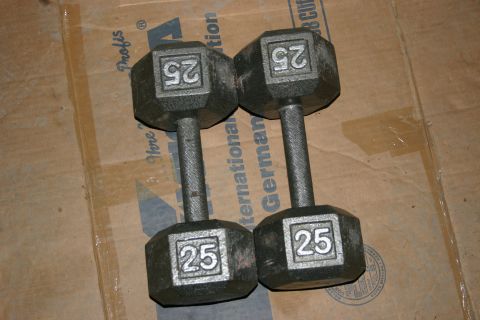 2003 Jeep TJ - Two 25lb dumbbells are shown on a cardboard surface with some visible text.
