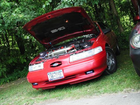 1992 Ford Taurus - Red 1992 Ford Taurus SHO with hood open, parked outdoors with trees in the background.
