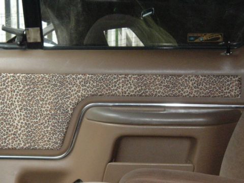 1991 Ford Bronco - Close-up of a car's interior door panel a distinctive leopard print fabric insert.