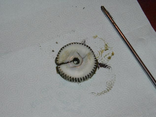 Broken white plastic gear with metal teeth, next to a screwdriver on a paper towel