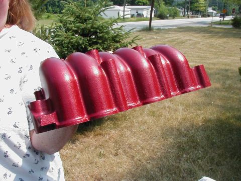 1997 Ford Taurus - A red intake manifold is held up in front of a grassy yard and a street scene.