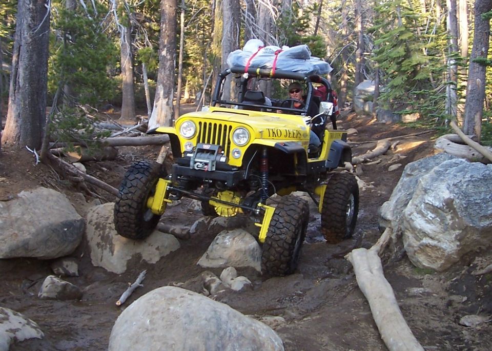 Yellow Jeep Wrangler with "TKO JEEPS" on the side, navigating a rocky forest trail with gear on the roof
