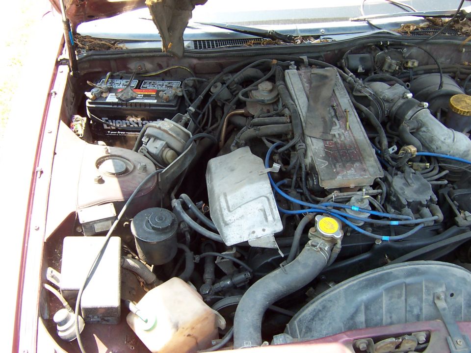 Dusty V6 engine bay with blue plug wires and EverStart battery in maroon car