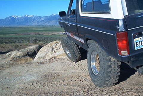 1986 Ford Bronco - 1986 Ford Bronco rear view on a dirt hill, with mountains in the distance.