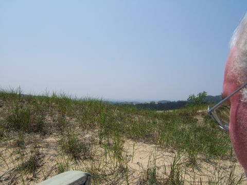 1998 Ford Taurus - View from sand dunes with a person's face in the foreground and a distant treeline under a clear sky.